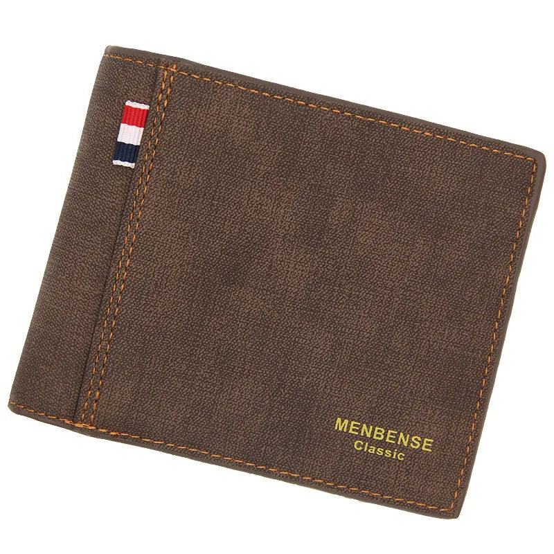 Men's genuine leather tri-fold short wallet open, showing compartments, in dark brown colour.
