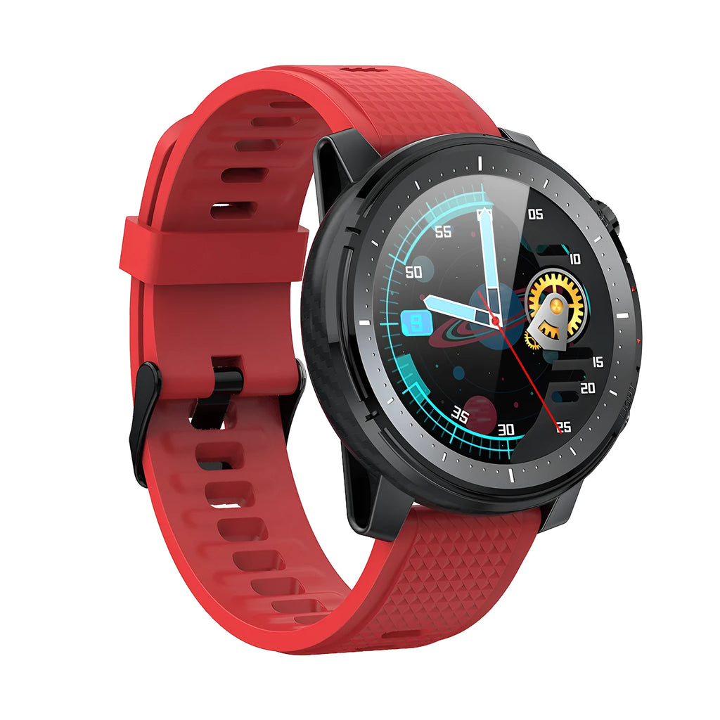 IP68 waterproof Android smart watch with round dial and black silicone strap on wrist