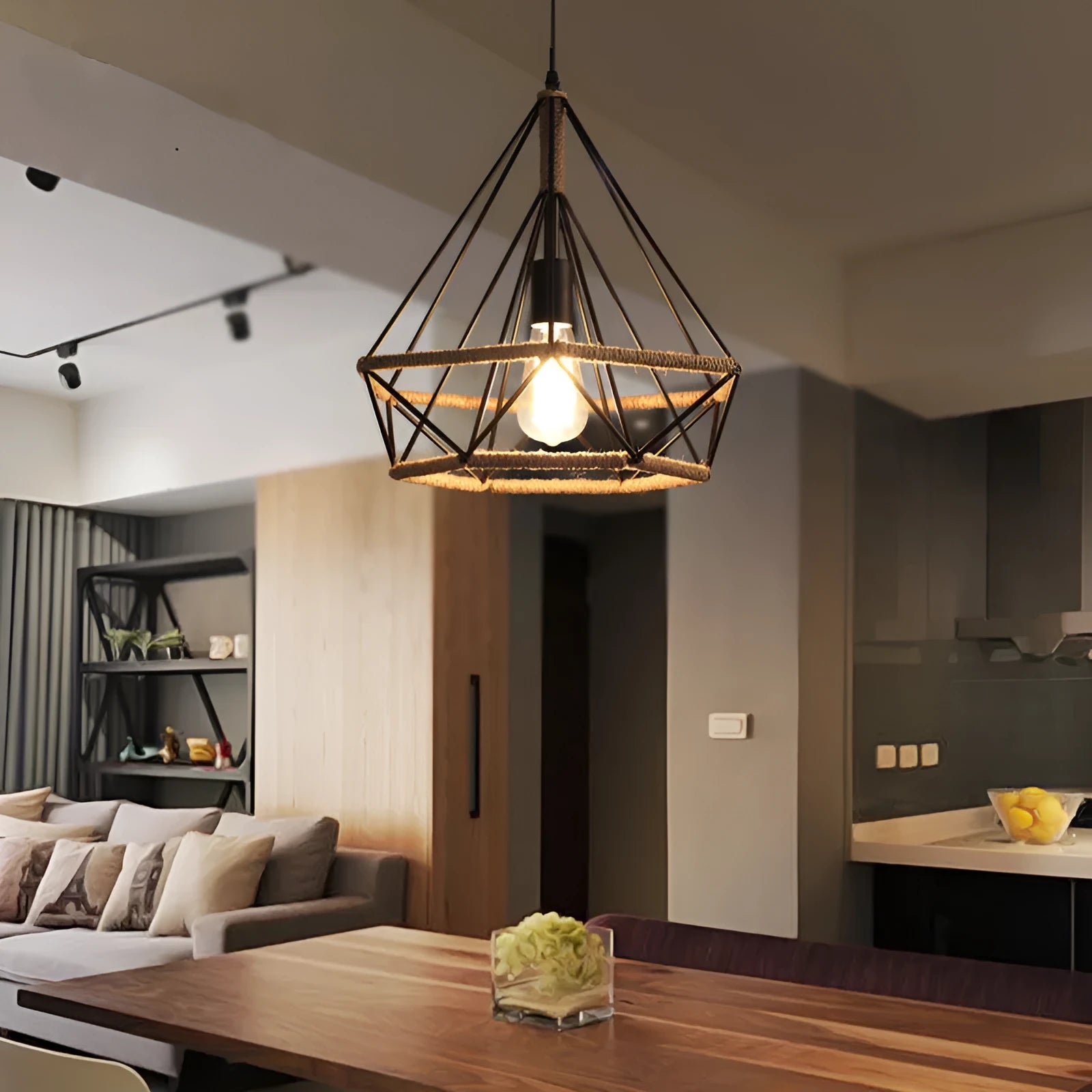 Rustic twine industrial retro chandelier with iron lampshade and LED light, 25cm diameter