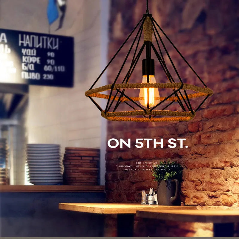 Rustic twine industrial retro chandelier with iron lampshade and LED light, 25cm diameter