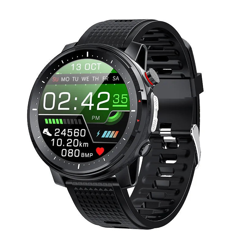 IP68 waterproof Android smart watch with round dial and black silicone strap on wrist