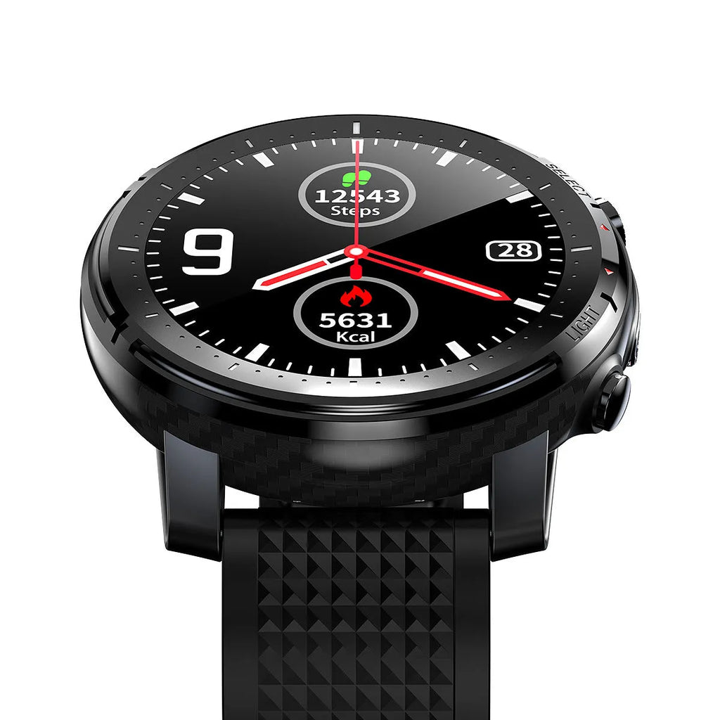 IP68 waterproof Android smart watch with round dial and black silicone strap on wrist