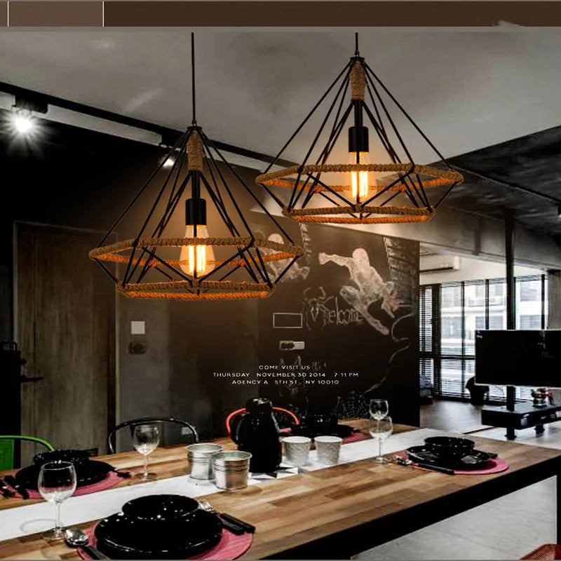 Rustic twine industrial retro chandelier with iron lampshade and LED light, 25cm diameter