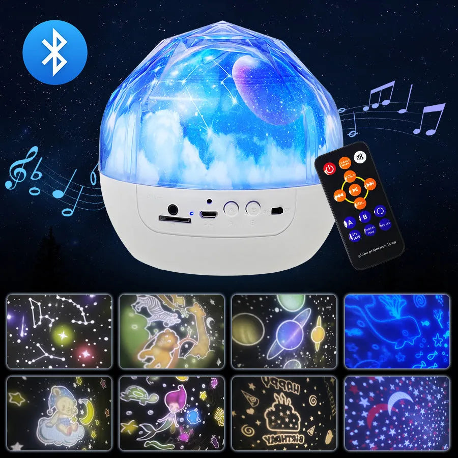 Bluetooth starry sky projector lamp with plastic shade showing cosmic projection