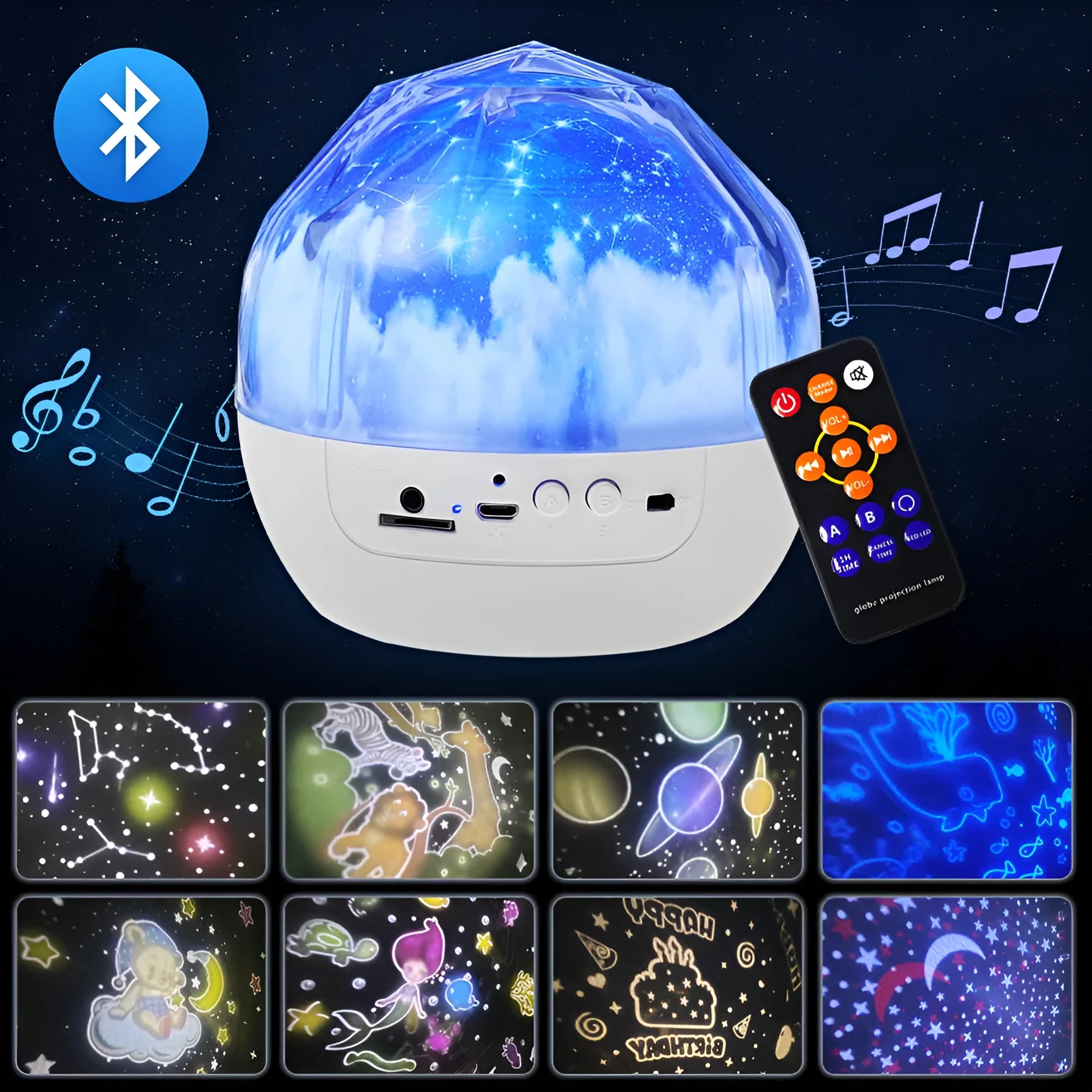 Bluetooth starry sky projector lamp with plastic shade showing cosmic projection