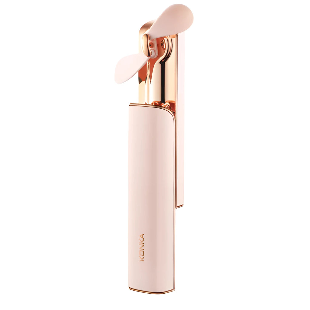 Pink mini folding USB handheld fan with two-speed control and shaking head.