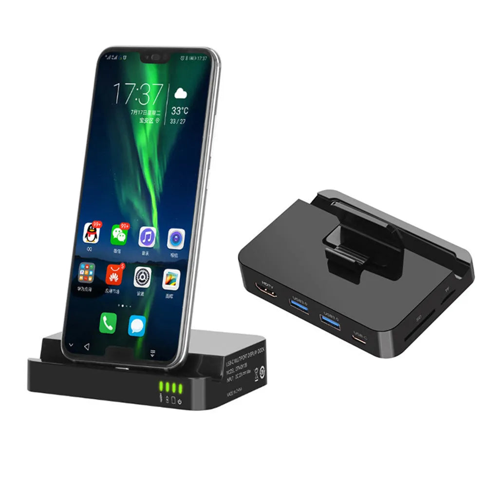 Black mobile phone to HD converter dock with HDMI and USB ports for screen mirroring and 5Gbps file transfer