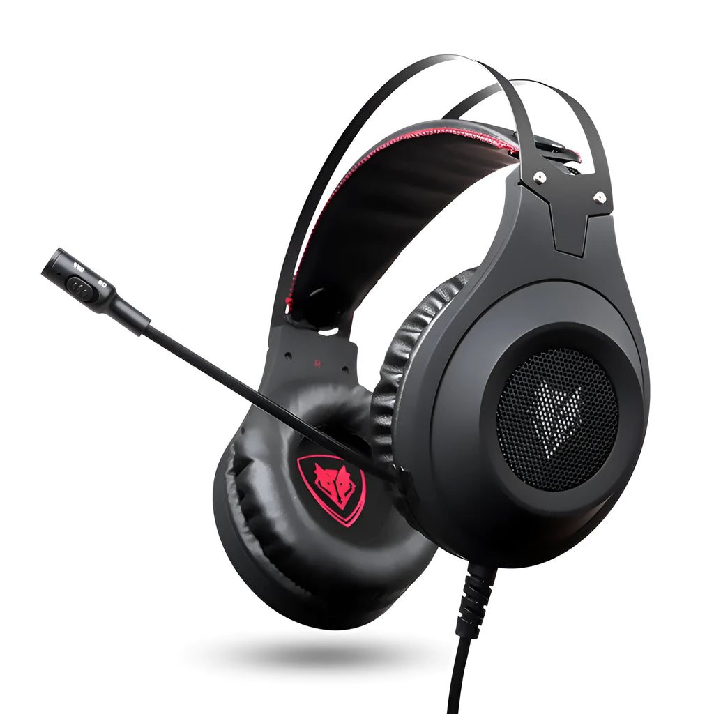Black wired USB computer headset with over-ear cups and an integrated microphone on a PC desk.