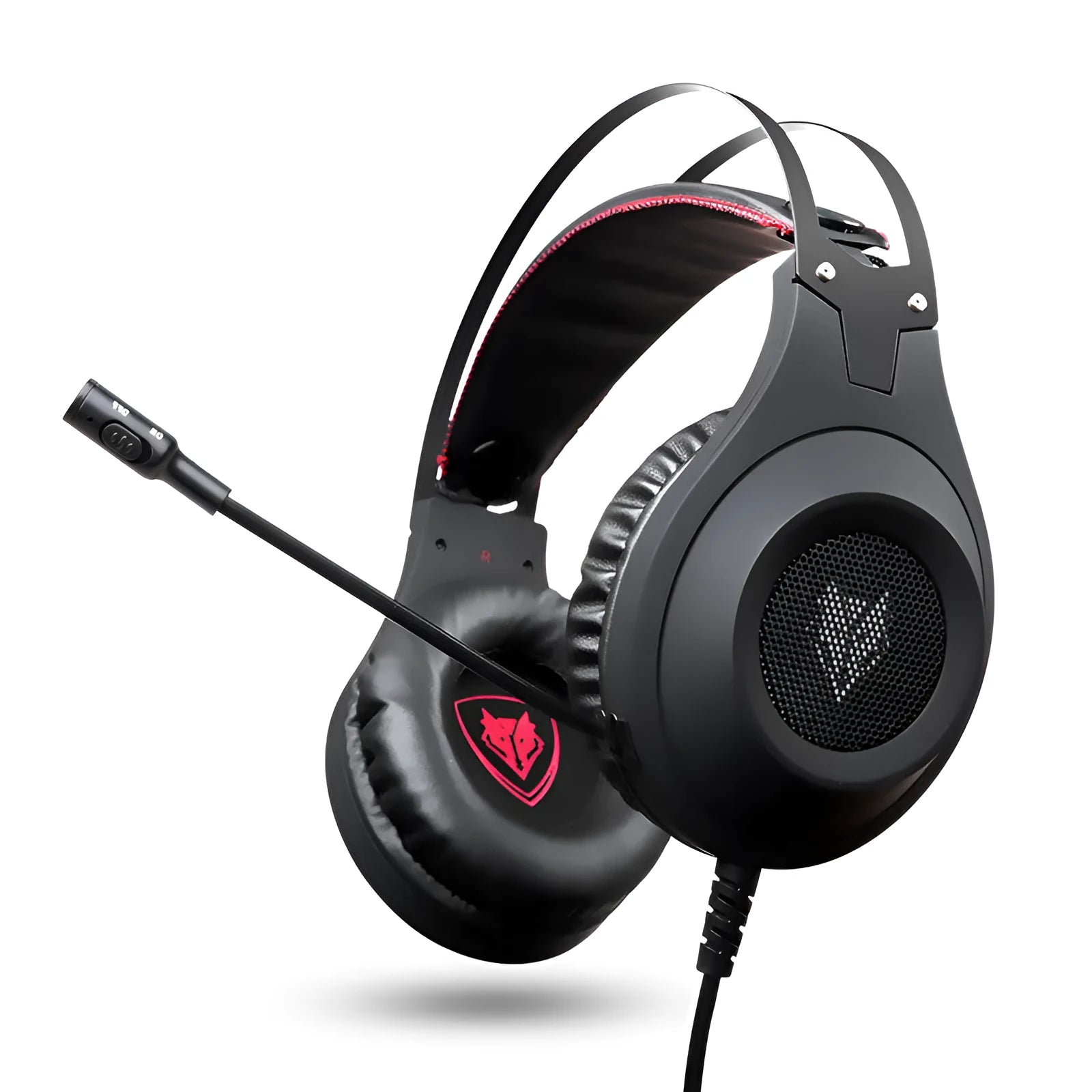 Black wired USB computer headset with over-ear cups and an integrated microphone on a PC desk.