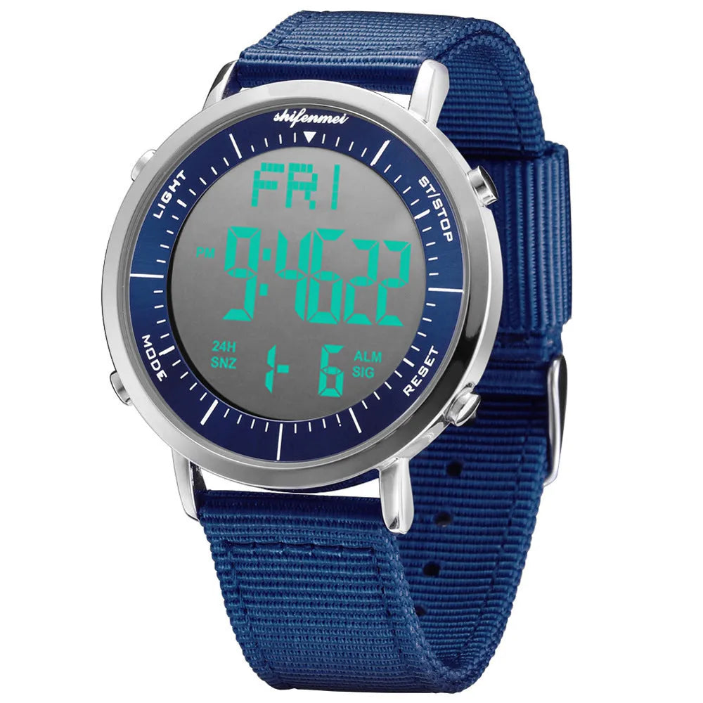 Shifenmei black digital sports watch with 10 metre waterproof rating on a resin strap.