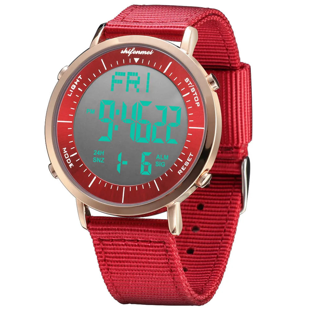 Shifenmei black digital sports watch with 10 metre waterproof rating on a resin strap.