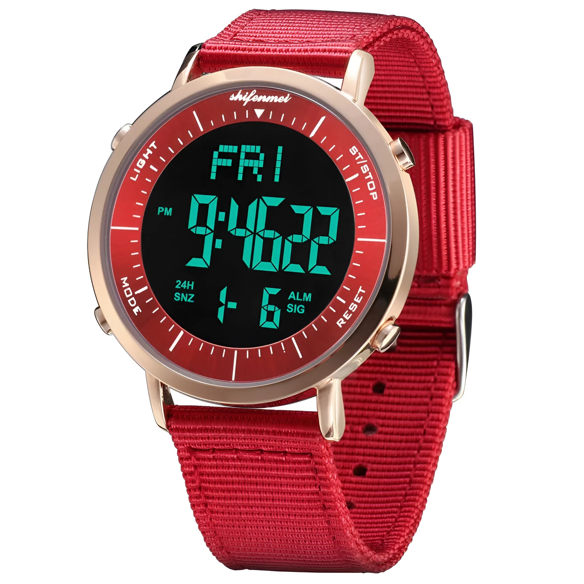 Shifenmei black digital sports watch with 10 metre waterproof rating on a resin strap.