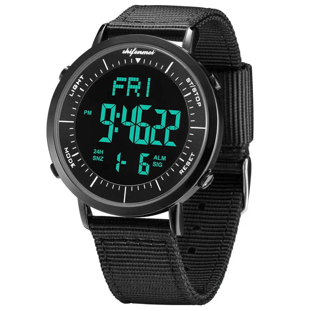 Shifenmei black digital sports watch with 10 metre waterproof rating on a resin strap.