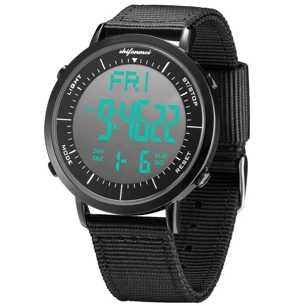 Shifenmei black digital sports watch with 10 metre waterproof rating on a resin strap.