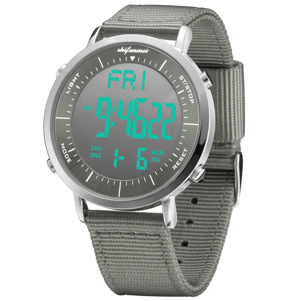 Shifenmei black digital sports watch with 10 metre waterproof rating on a resin strap.