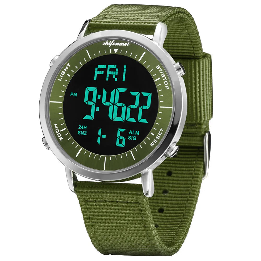 Shifenmei black digital sports watch with 10 metre waterproof rating on a resin strap.