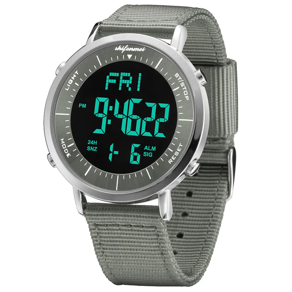 Shifenmei black digital sports watch with 10 metre waterproof rating on a resin strap.