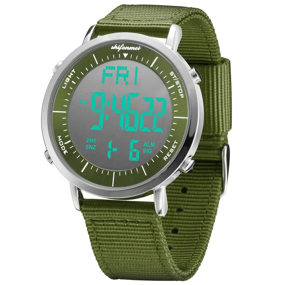 Shifenmei black digital sports watch with 10 metre waterproof rating on a resin strap.