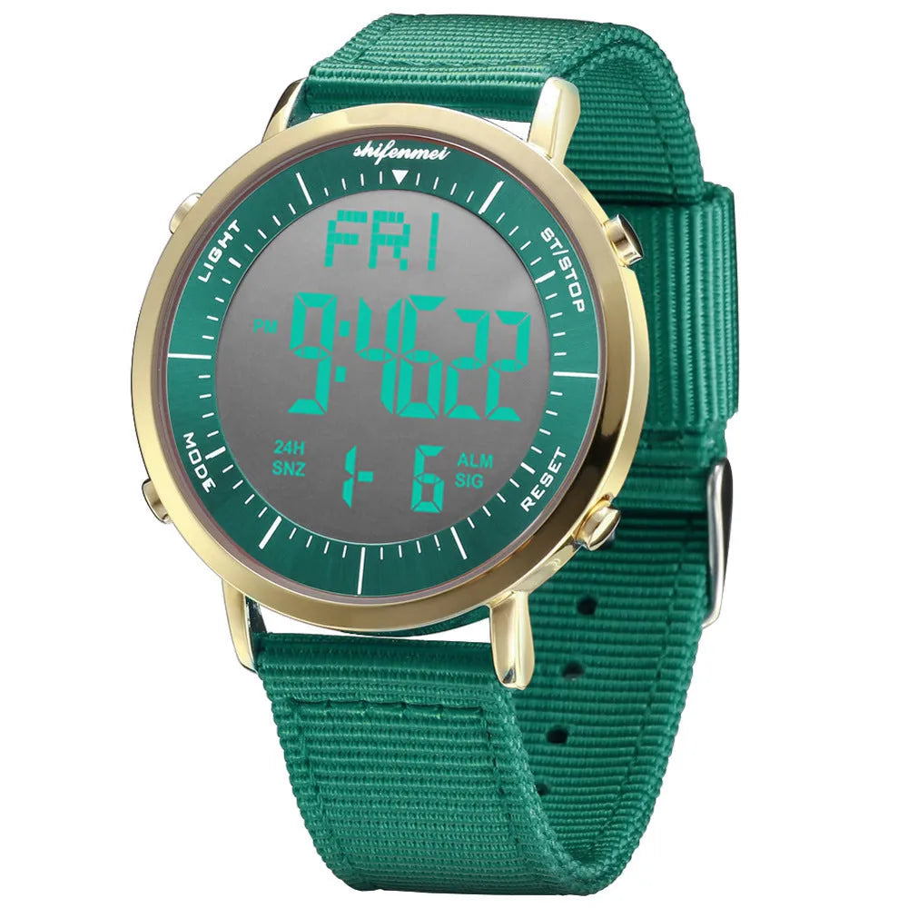 Shifenmei black digital sports watch with 10 metre waterproof rating on a resin strap.