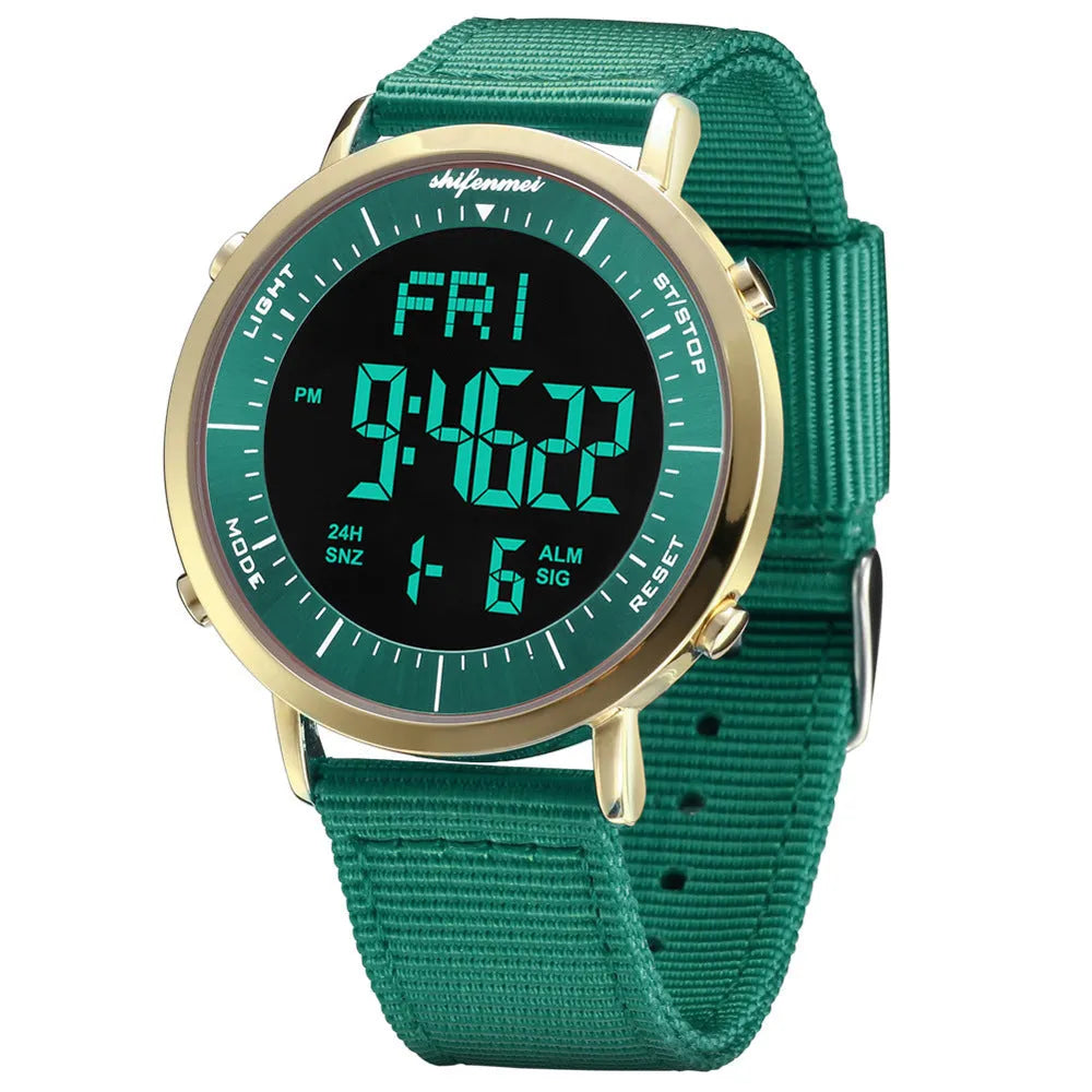 Shifenmei black digital sports watch with 10 metre waterproof rating on a resin strap.