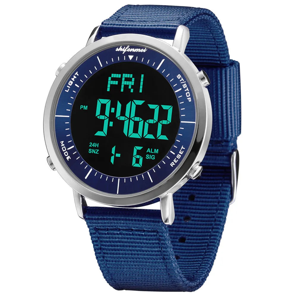 Shifenmei black digital sports watch with 10 metre waterproof rating on a resin strap.