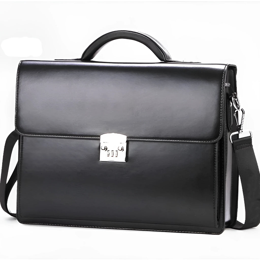 Black PU leather business briefcase with horizontal square shape and single handle