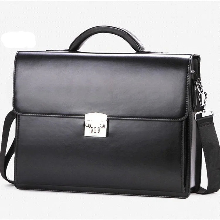Black PU leather business briefcase with horizontal square shape and single handle