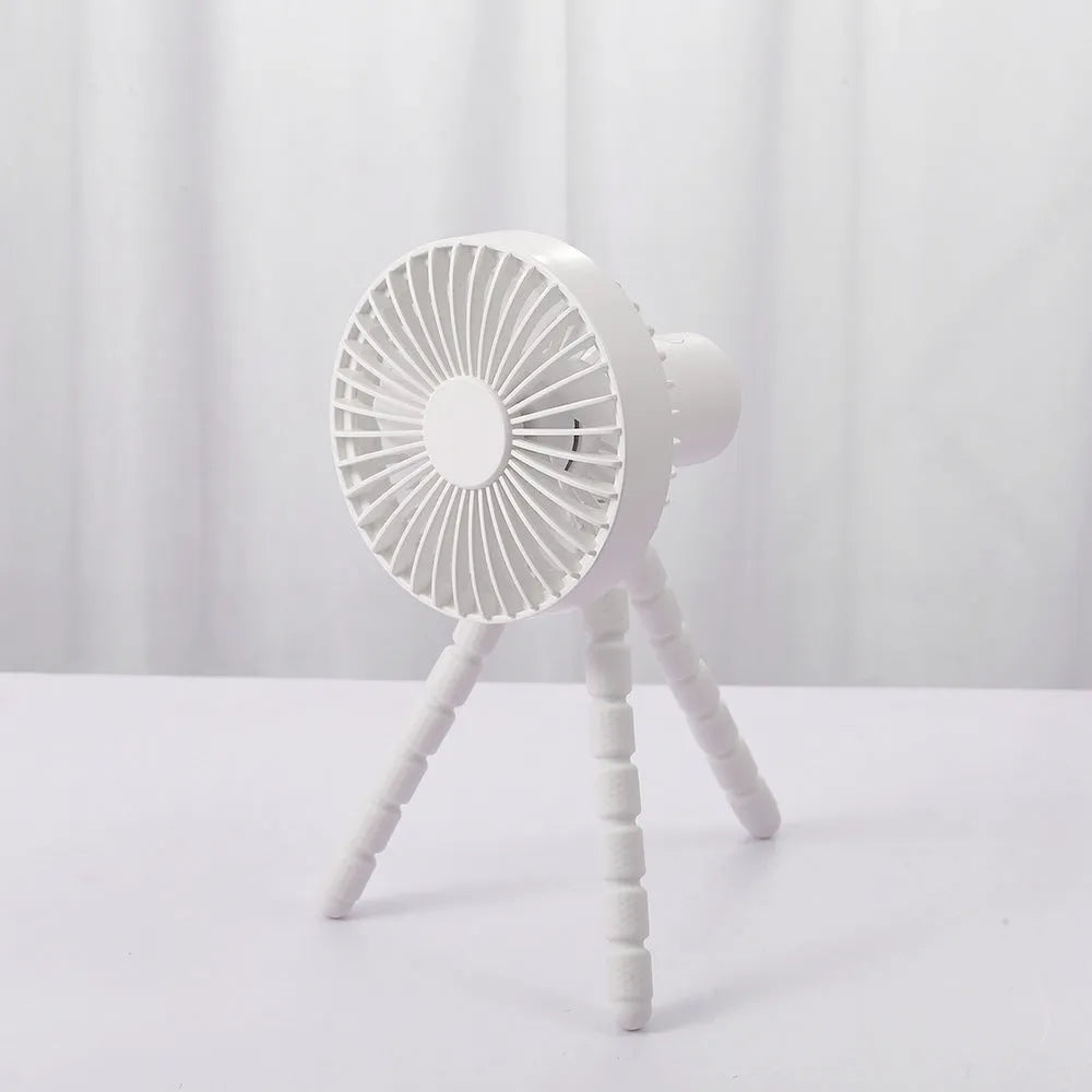 USB rechargeable adjustable tripod desktop fan with flexible neck in black, green, pink, or white