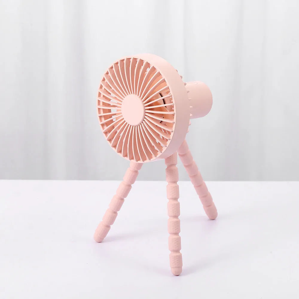 USB rechargeable adjustable tripod desktop fan with flexible neck in black, green, pink, or white