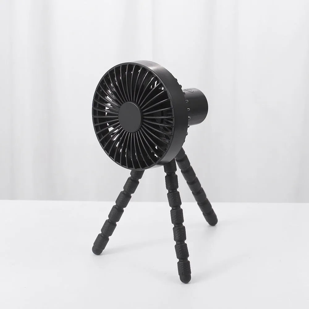 USB rechargeable adjustable tripod desktop fan with flexible neck in black, green, pink, or white