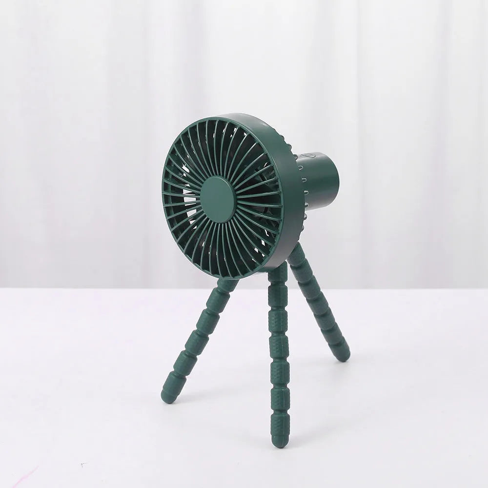 USB rechargeable adjustable tripod desktop fan with flexible neck in black, green, pink, or white