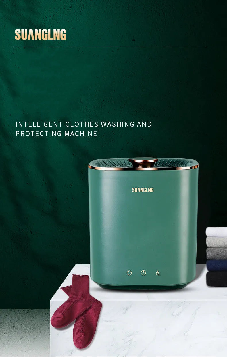 Green mini portable washing machine for underwear with ozone sterilisation and 300mL capacity.