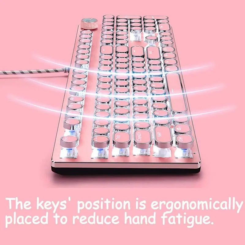 Queen Lipstick mechanical keyboard with green switches and silver pink colour scheme