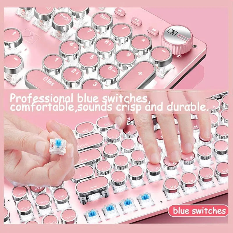 Queen Lipstick mechanical keyboard with green switches and silver pink colour scheme