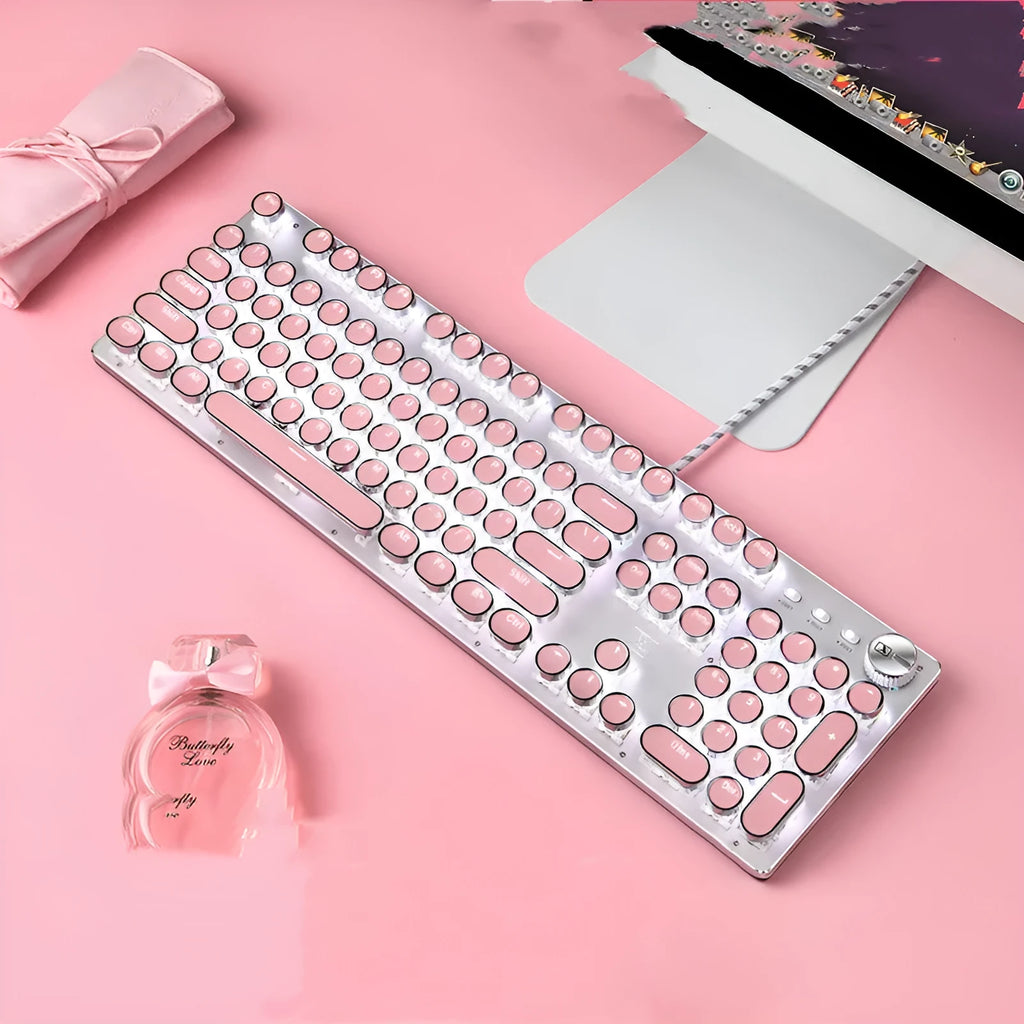 Queen Lipstick mechanical keyboard with green switches and silver pink colour scheme