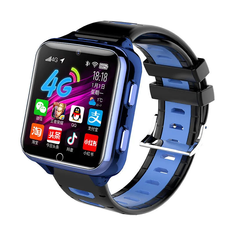 Children's smartwatch with colour touch screen and silicone sport strap in black, blue, or pink.