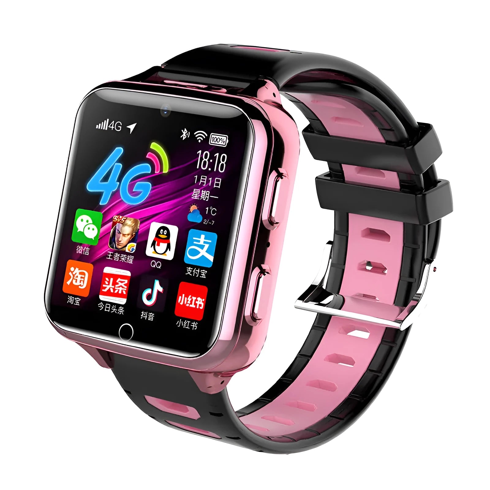 Children's smartwatch with colour touch screen and silicone sport strap in black, blue, or pink.
