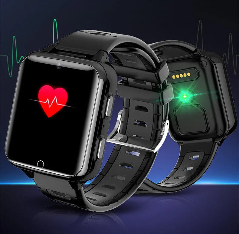 Children's smartwatch with colour touch screen and silicone sport strap in black, blue, or pink.