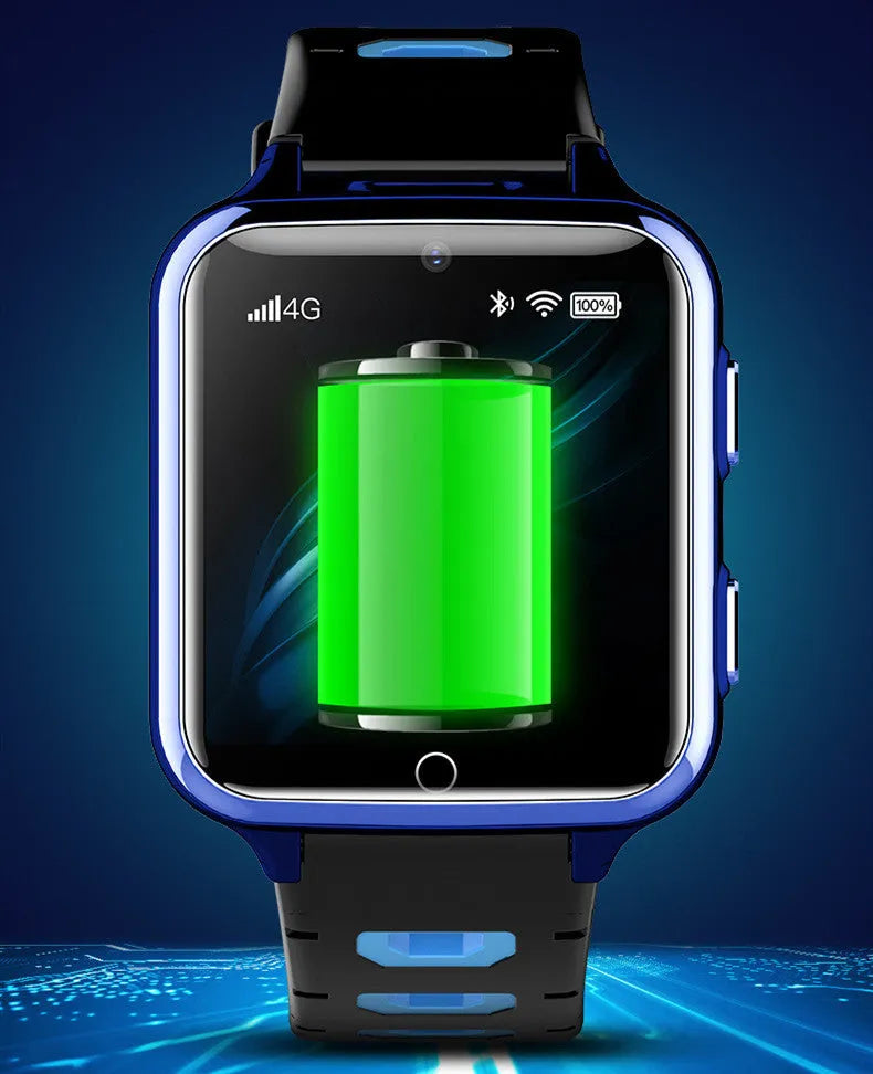 Children's smartwatch with colour touch screen and silicone sport strap in black, blue, or pink.