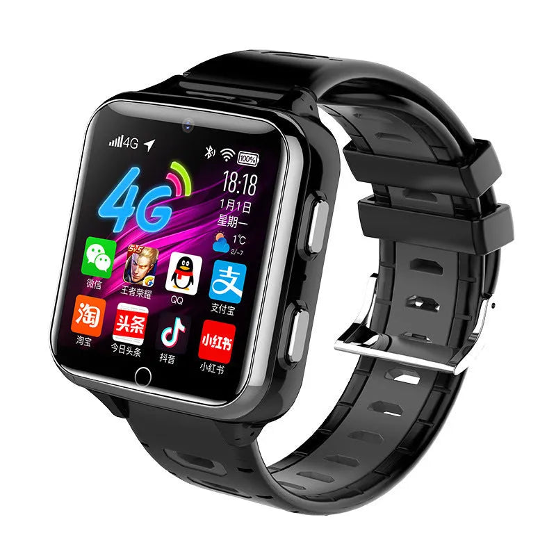 Children's smartwatch with colour touch screen and silicone sport strap in black, blue, or pink.