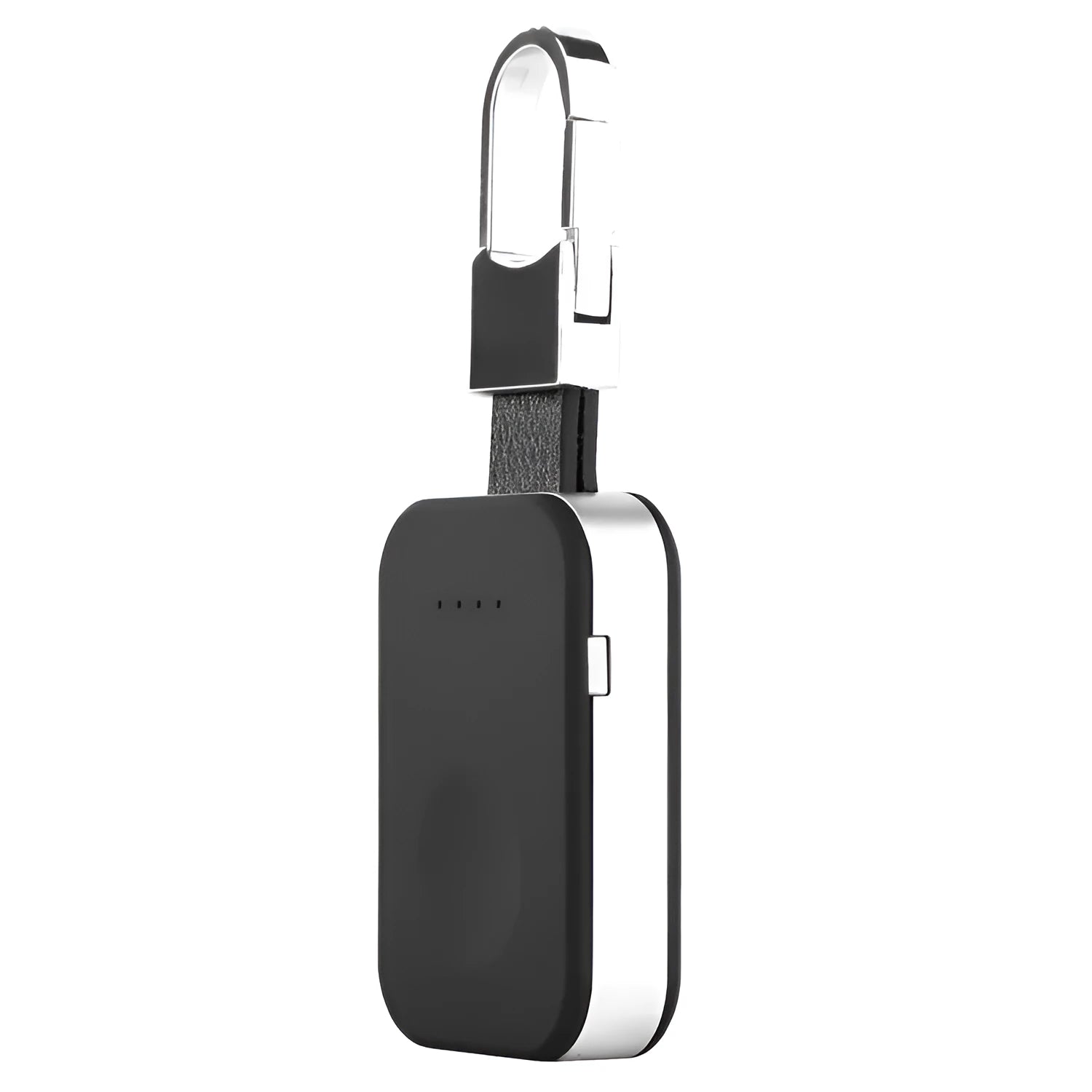 Black Apple Watch keychain wireless power bank with 1000mAh battery next to an Apple Watch.