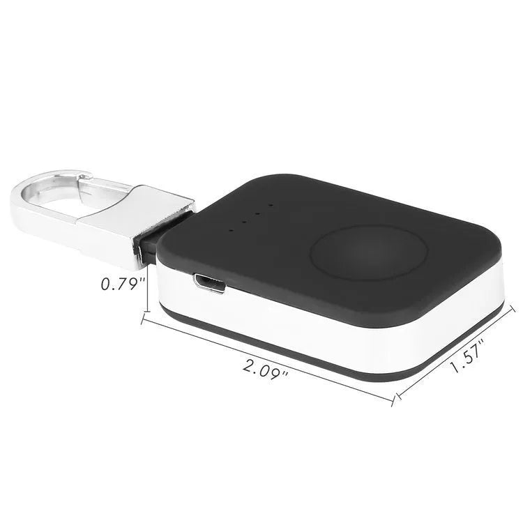 Black Apple Watch keychain wireless power bank with 1000mAh battery next to an Apple Watch.