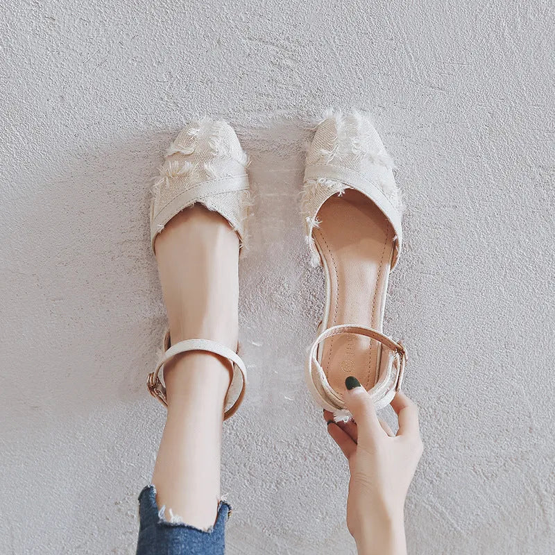 Womens apricot suede flats with ankle strap and low heel in Dorsay style