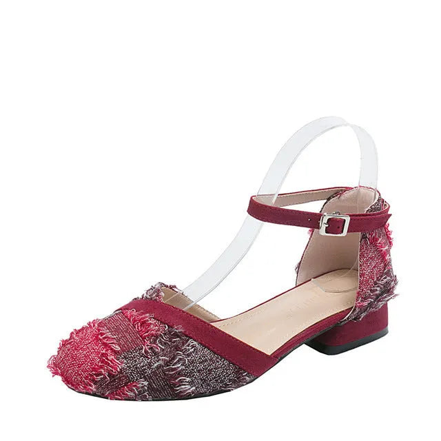 Womens apricot suede flats with ankle strap and low heel in Dorsay style