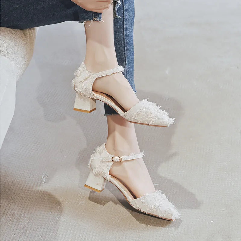 Womens apricot suede flats with ankle strap and low heel in Dorsay style