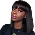 Black human hair wig in 10-inch short to medium length on a headgear stand