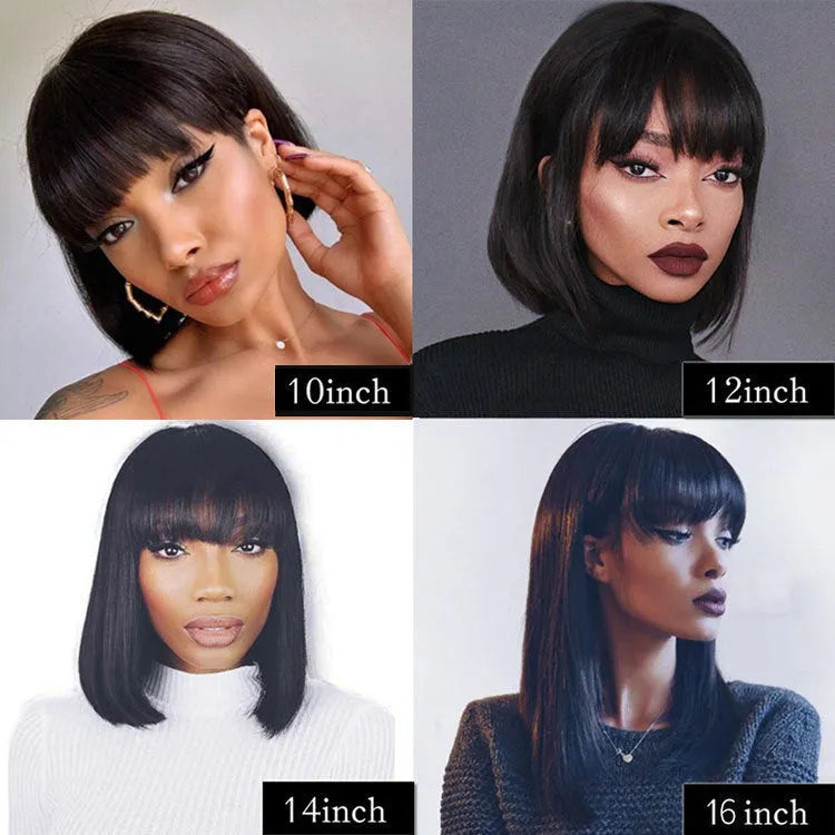 Black human hair wig in 10-inch short to medium length on a headgear stand