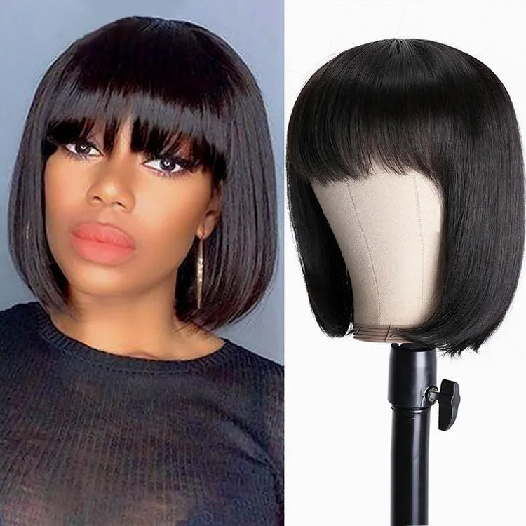 Black human hair wig in 10-inch short to medium length on a headgear stand