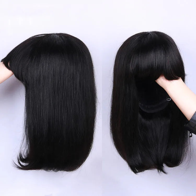 Black human hair wig in 10-inch short to medium length on a headgear stand