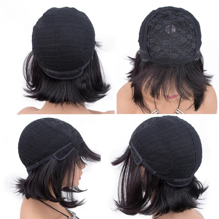 Black human hair wig in 10-inch short to medium length on a headgear stand